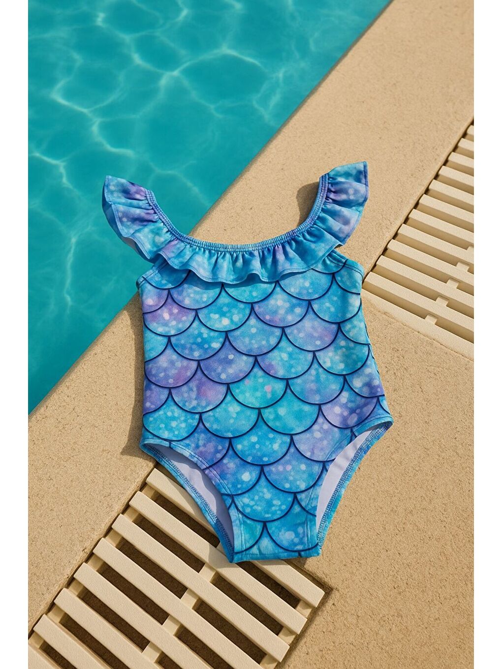 Mor Kız Çocuk Mayo Deniz Kızı Desenli Fırfırlı Bone Hediyeli 1-5 Yaş-3