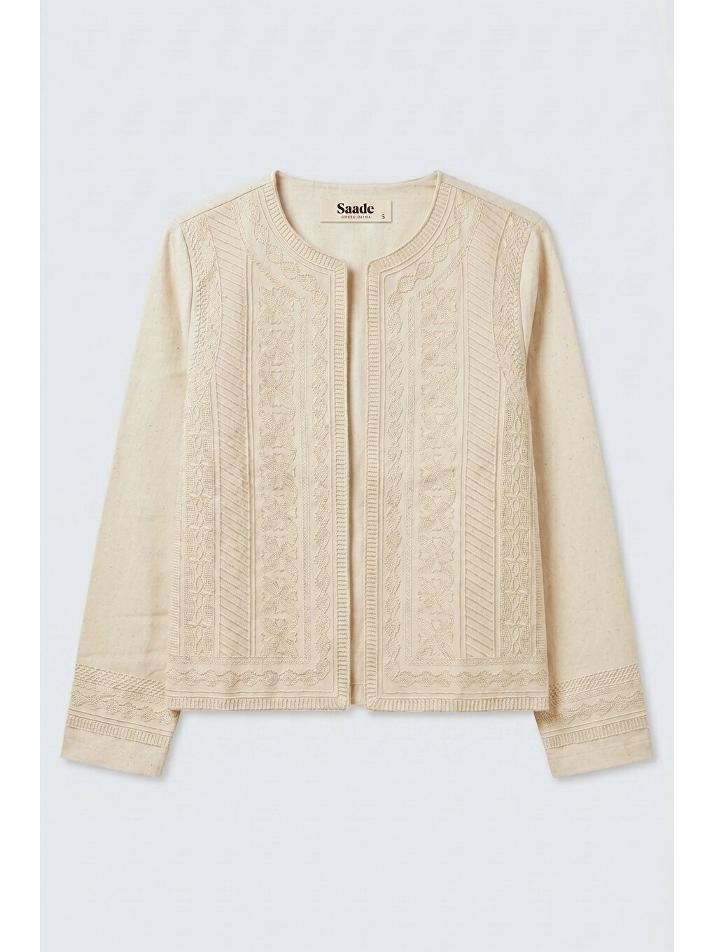 Bej Kadın Oversize Bisiklet Yaka Önü Açık Nakışlı İnce Gabardin Ceket-4