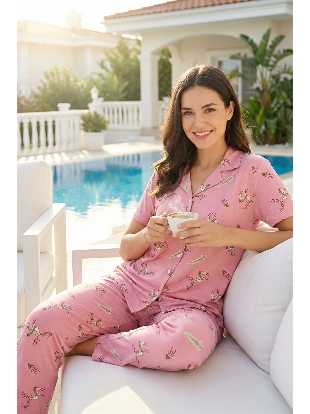 Kadın Geyik Desenli Kısa Kol Milan Kumaş Pijama Takımı 2178 Pembe