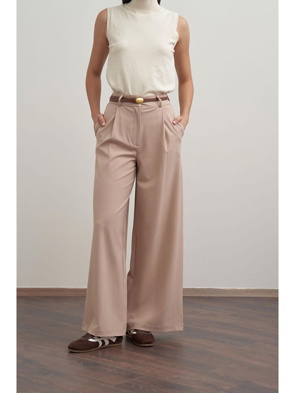 Bej-Pileli Polyviscon Pantolon-3