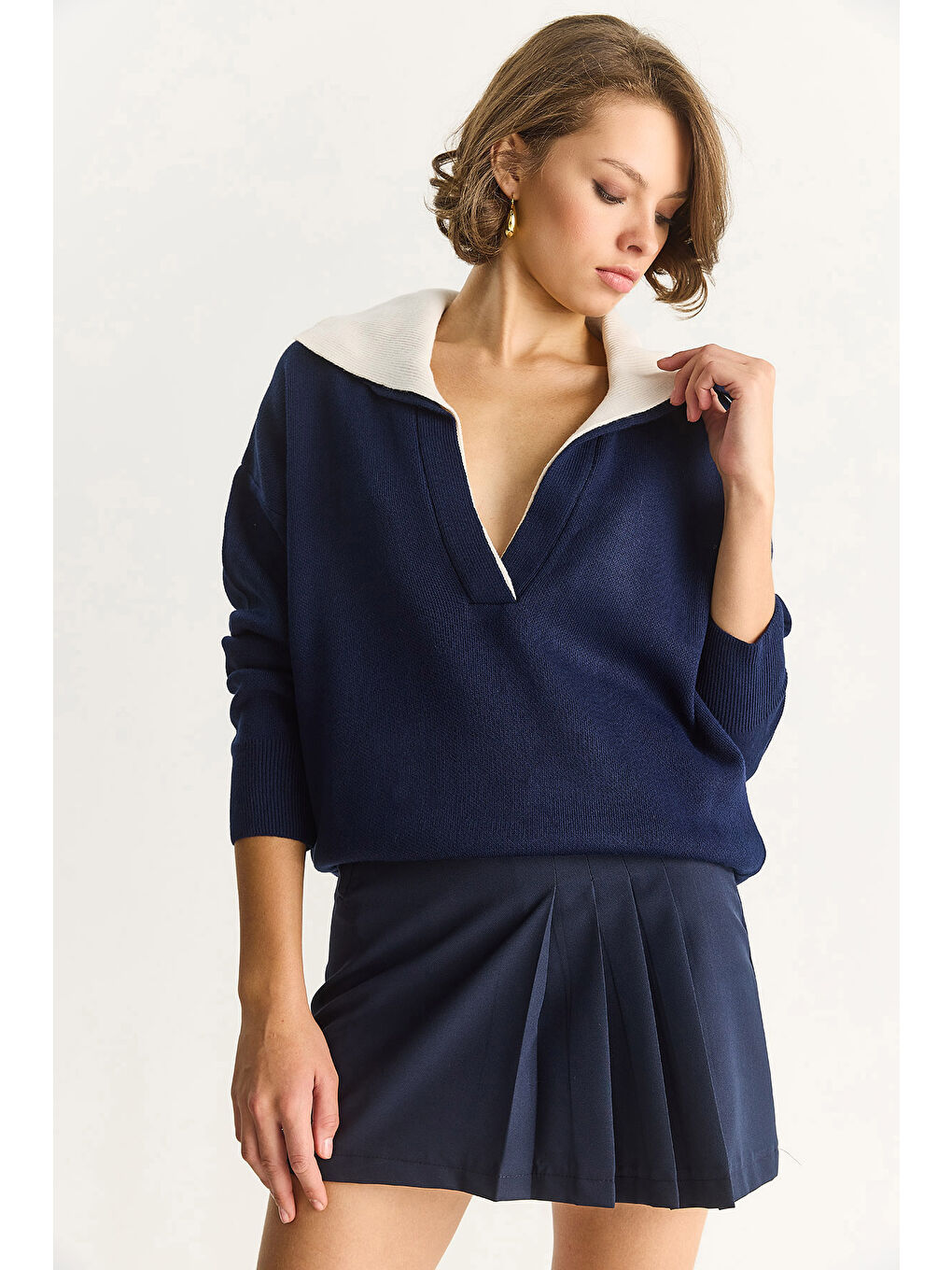 Lacivert Kadın Derin V Yaka Renk Bloklu Oversize Triko Kazak TK-4