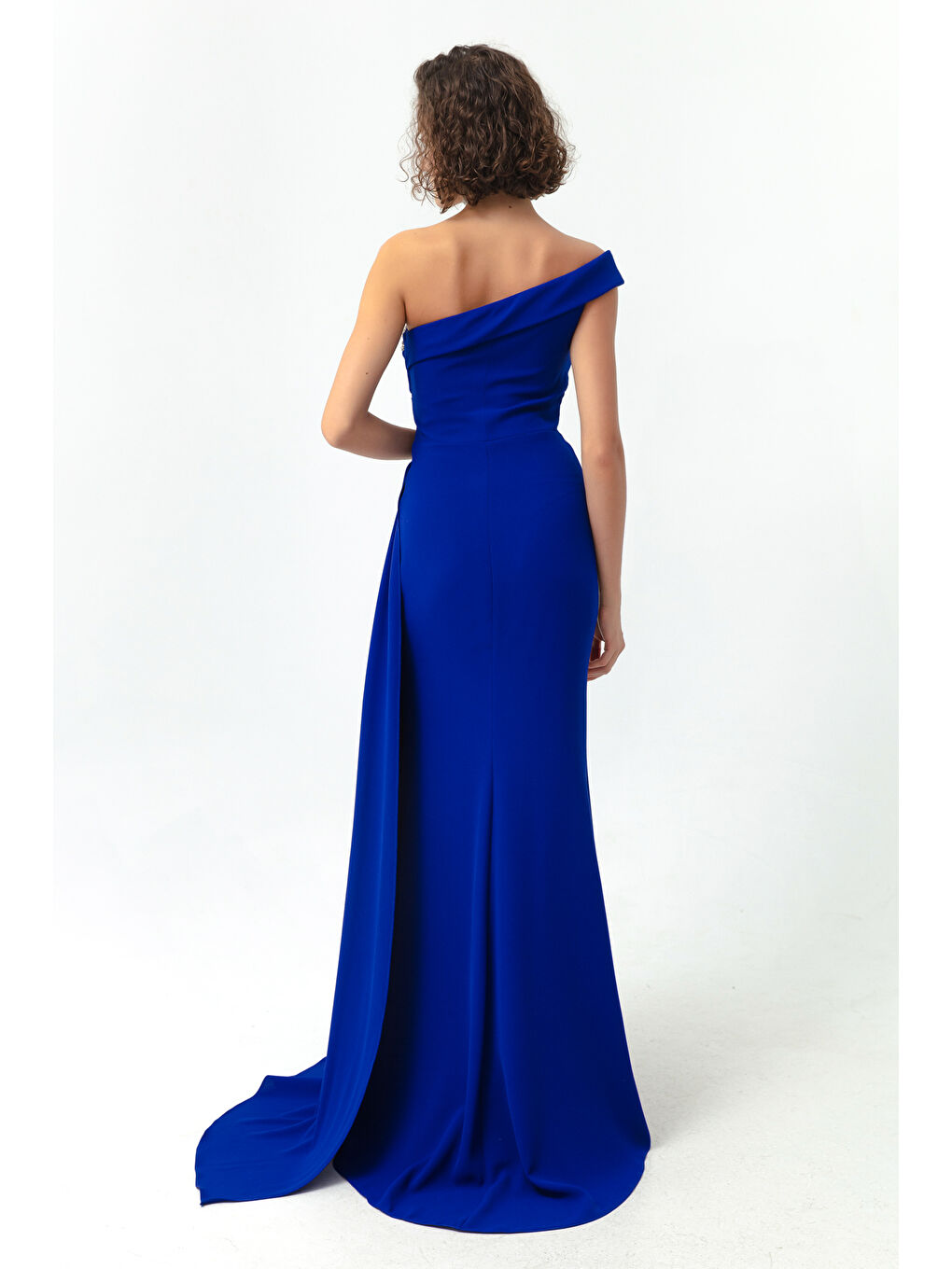 Mavi Kadın Saks Tek Omuzlu Taşlı Uzun Abiye Elbise-4