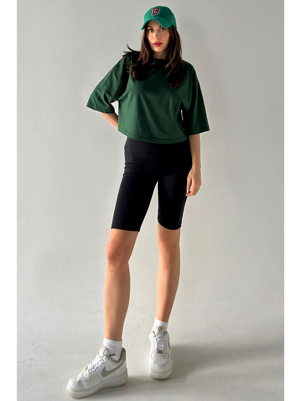 Yeşil Kadın Oversize Nefti Crop Tshirt-2