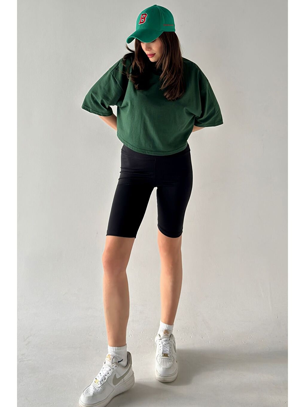Yeşil Kadın Oversize Nefti Crop Tshirt-3