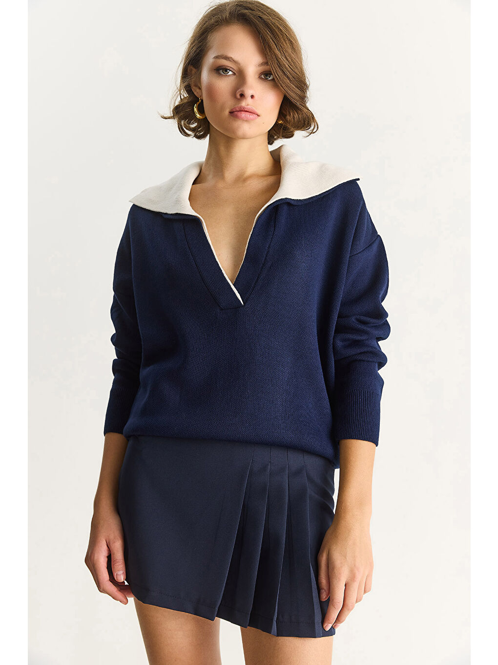 Lacivert Kadın Derin V Yaka Renk Bloklu Oversize Triko Kazak TK-5