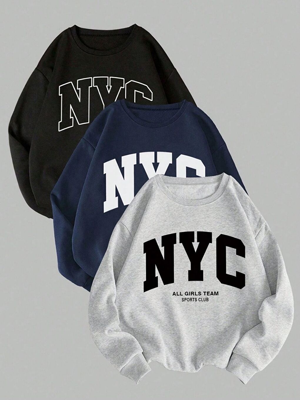 Karışık 3Lü Set NYC Baskılı Regular Bisiklet Yaka Sweatshirt Siyah Gri Laci