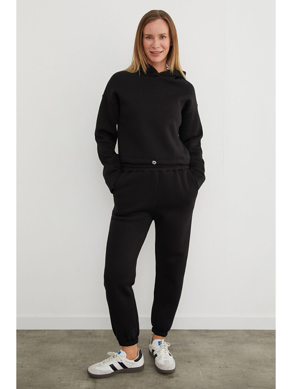 Siyah 3 İplik Basic Beli Stoperli Kapüşonlu Jogger Takım-1