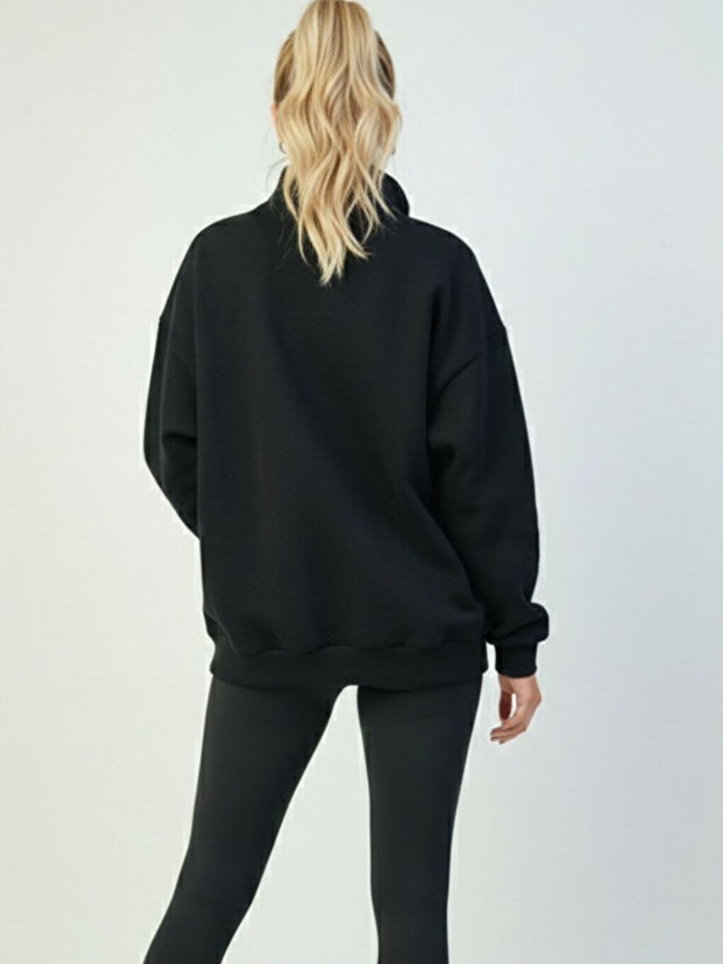 Kadın Siyah Yarım Fermuarlı Oversize Sweatshirt-2