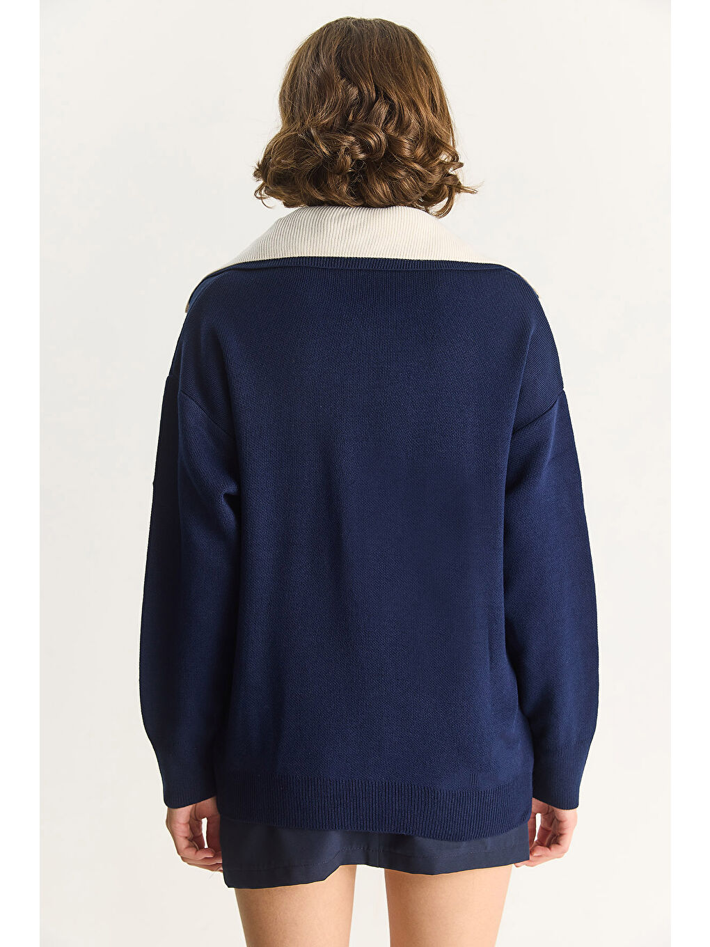 Lacivert Kadın Derin V Yaka Renk Bloklu Oversize Triko Kazak TK-7