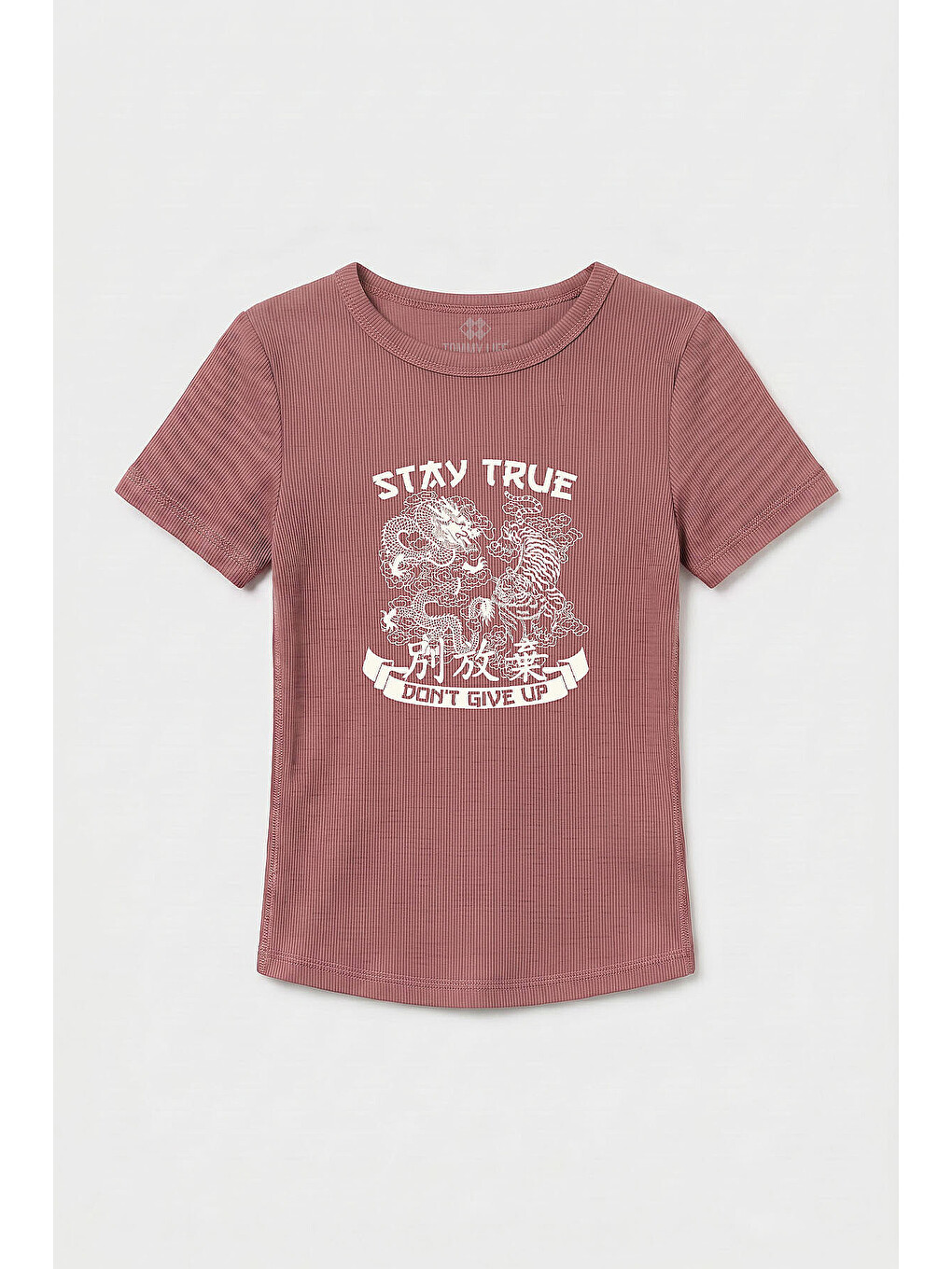 Pembe Gül Kurusu Standart Fit Baskılı Kısa Kollu Kadın T-shirt - 97201