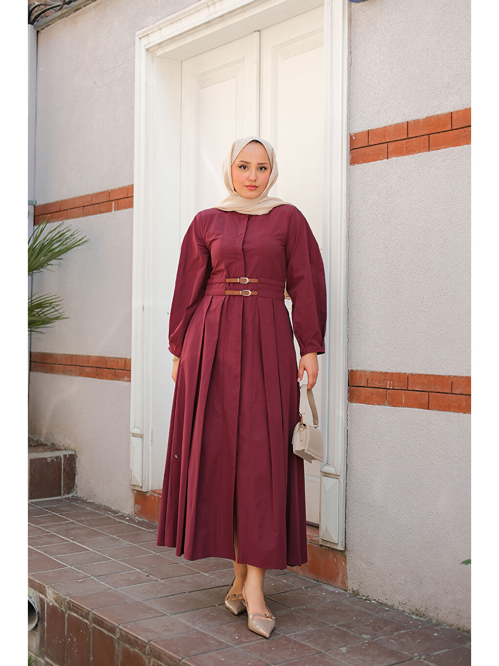 Kadın Çift Kemer Bağlamalı Elbise Bordo-1