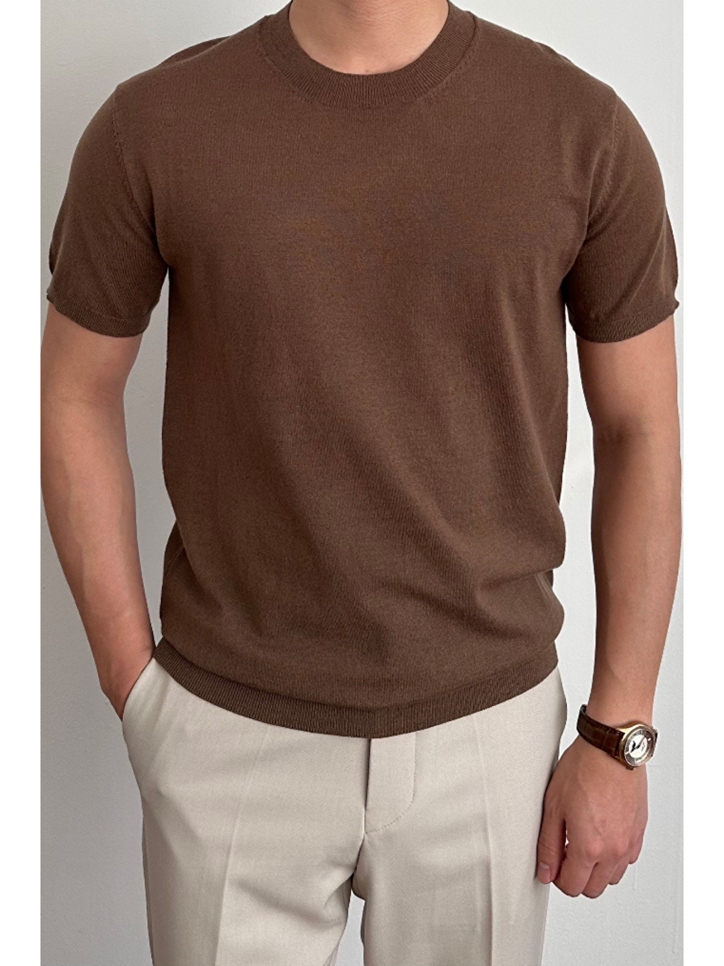 Erkek Kahverengi Slim Fit Bisiklet Yaka Triko T-Shirt-1