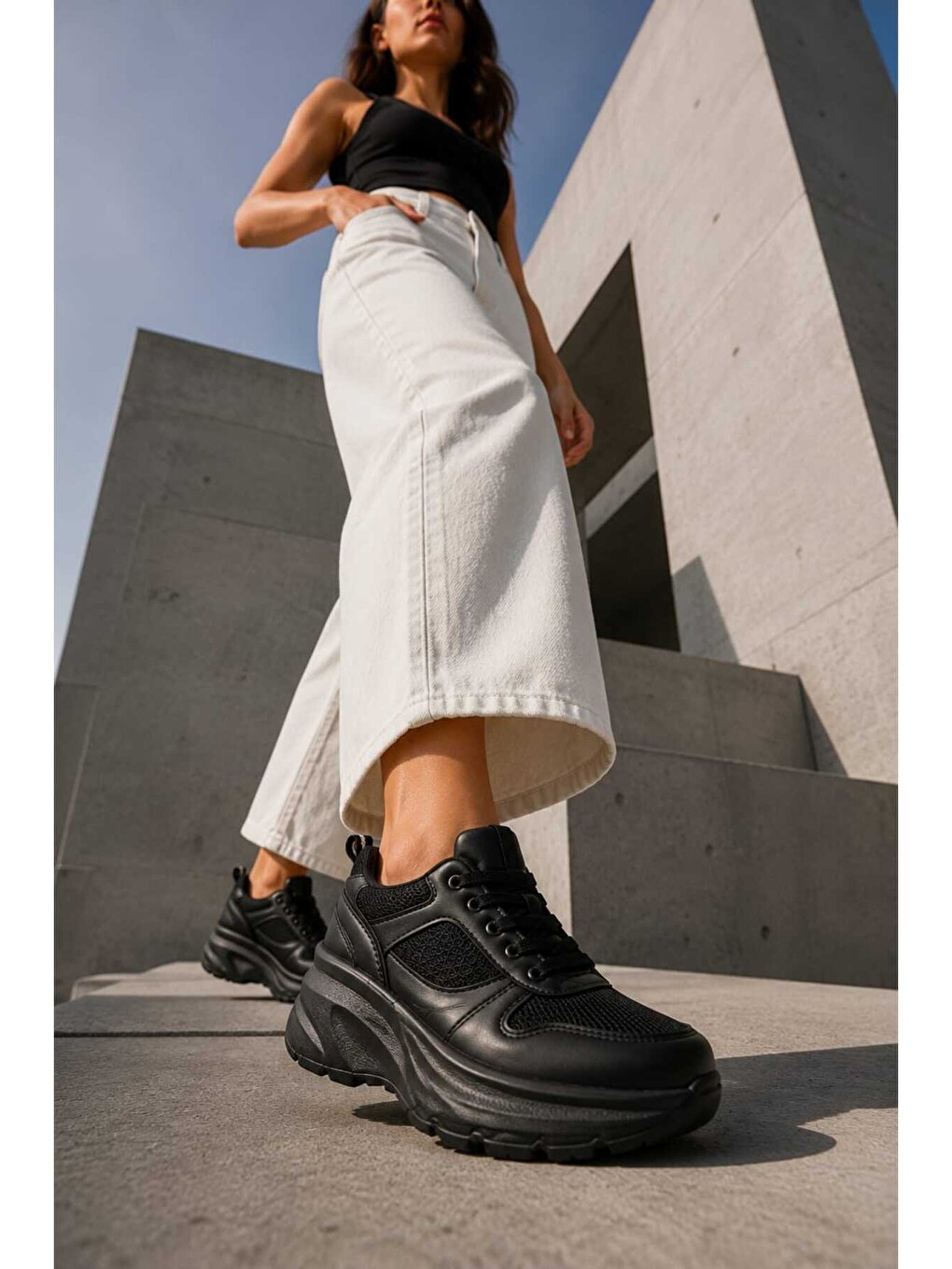 Siyah Kadın Parıltılı, 6 Cm Yükseltilmiş Tabanlı, Bağcıklı, Günlük Kullanım Sneakers-2