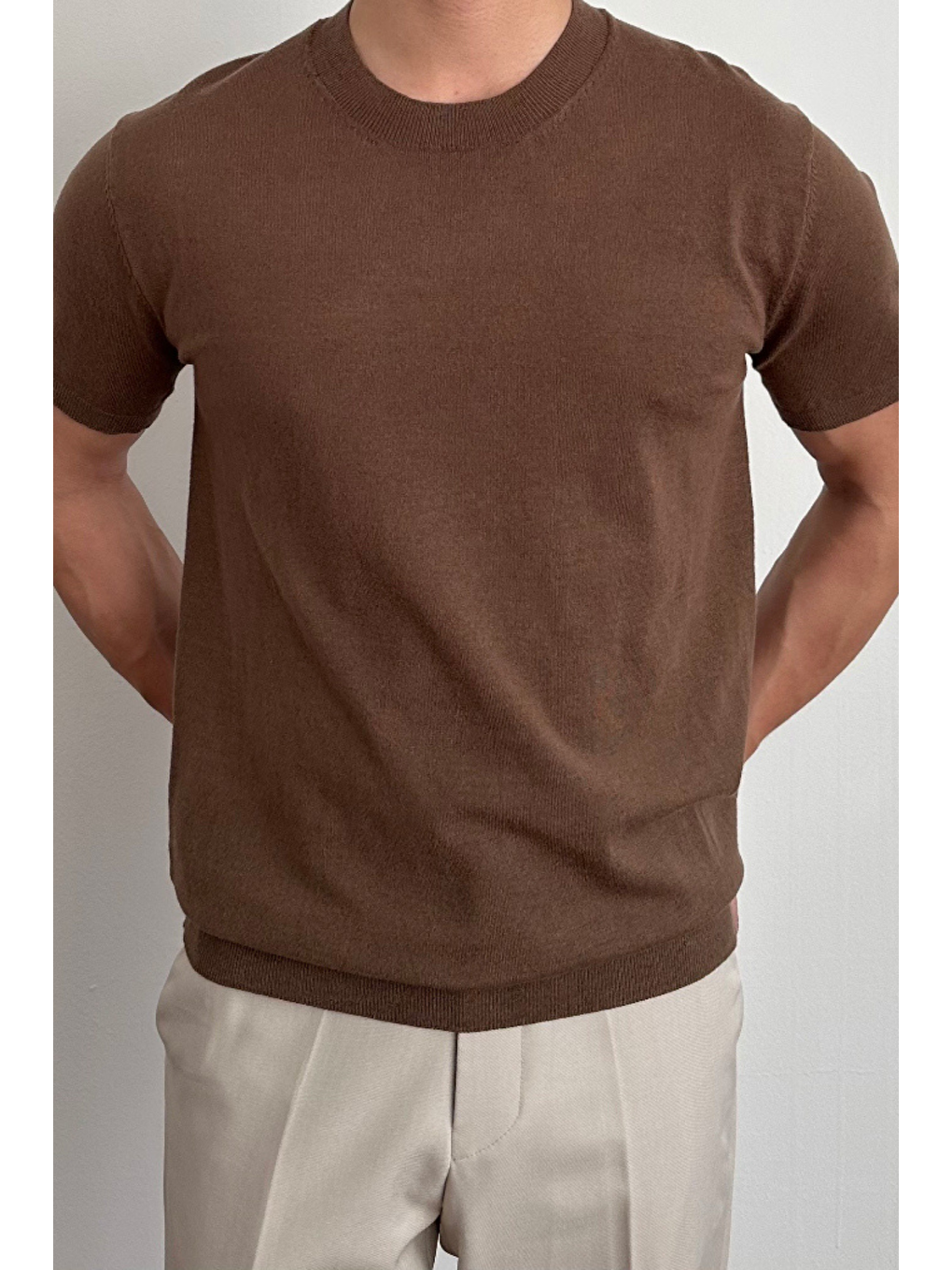 Erkek Kahverengi Slim Fit Bisiklet Yaka Triko T-Shirt-2