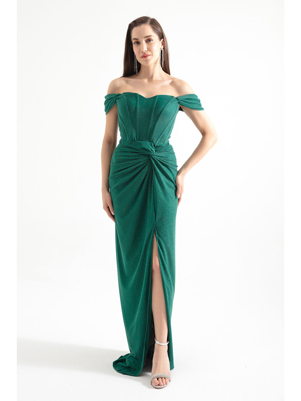 Kadın Zümrüt Yeşili Kruvaze Astarlı Korse Detaylı Uzun Simli Abiye