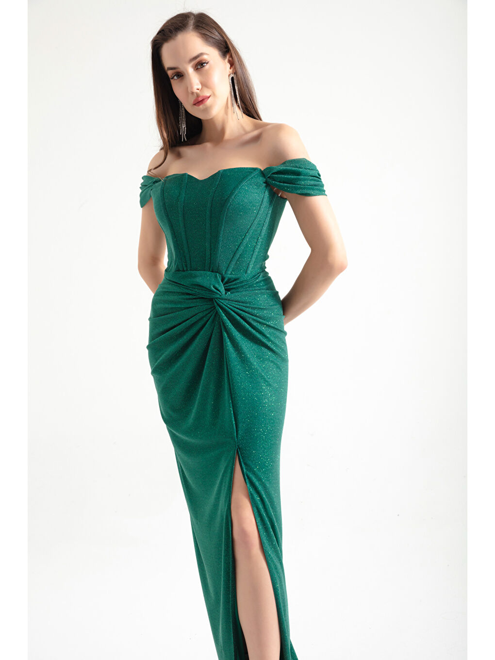 Kadın Zümrüt Yeşili Kruvaze Astarlı Korse Detaylı Uzun Simli Abiye-2