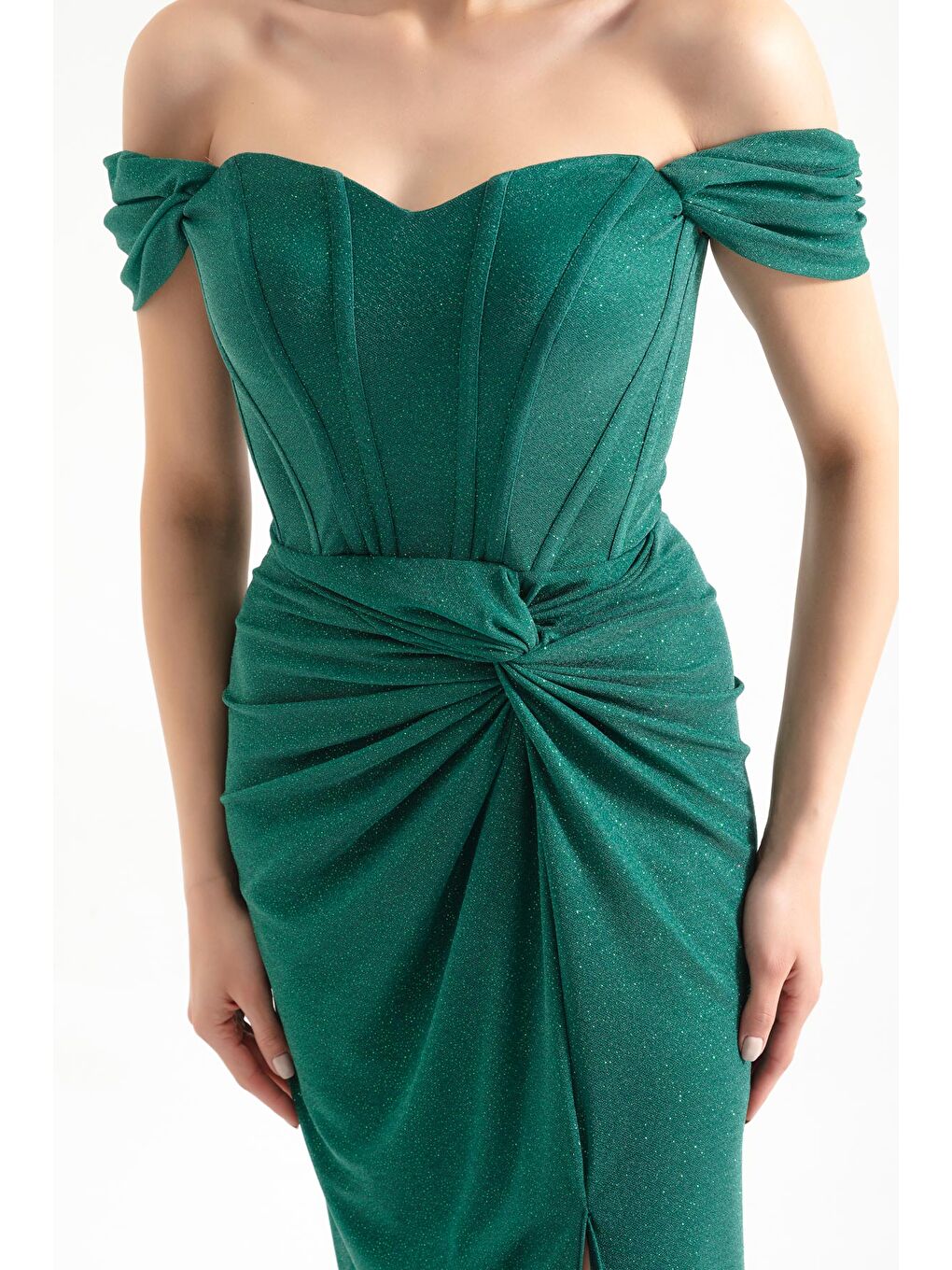 Kadın Zümrüt Yeşili Kruvaze Astarlı Korse Detaylı Uzun Simli Abiye-3