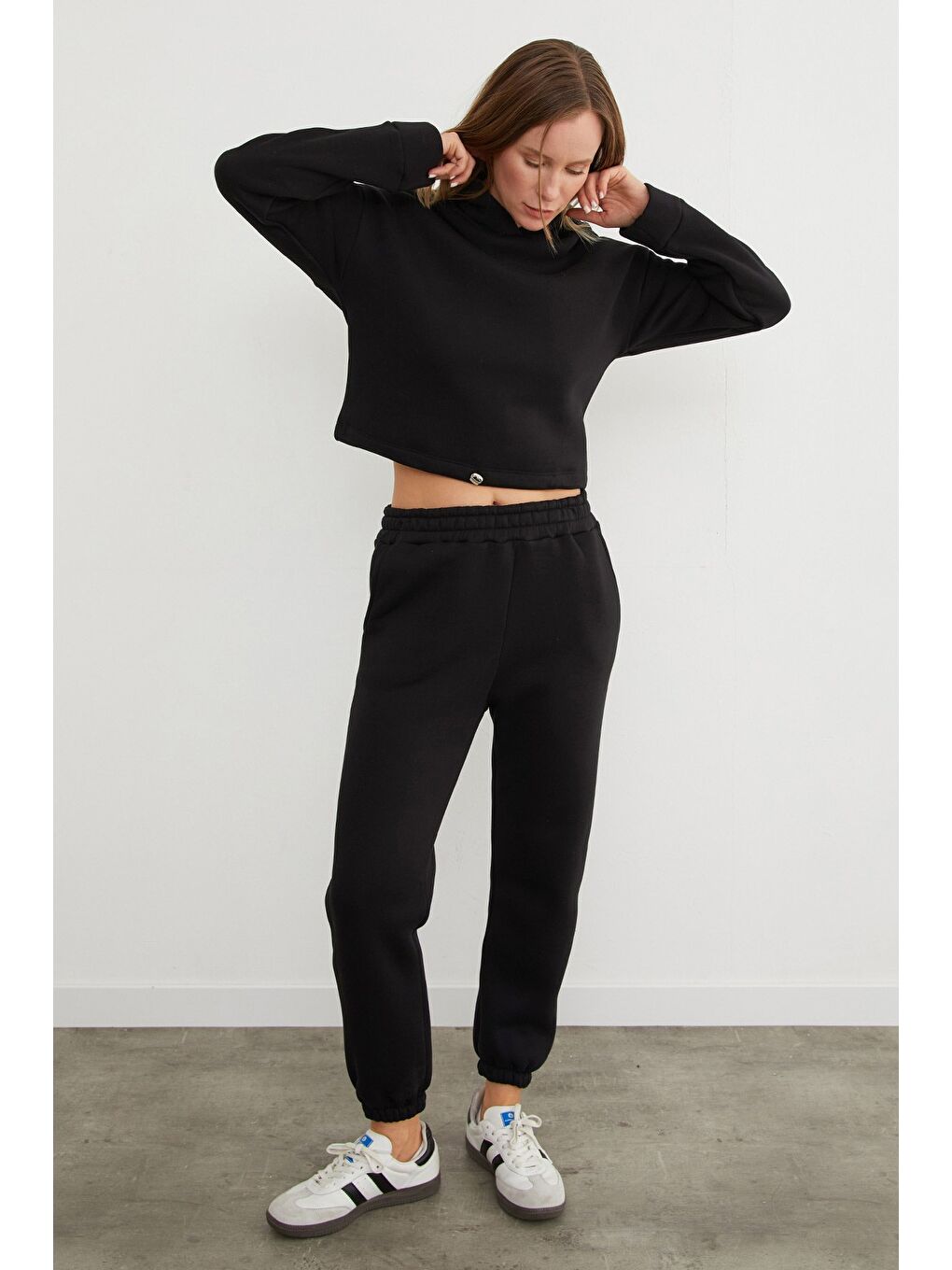 Siyah 3 İplik Basic Beli Stoperli Kapüşonlu Jogger Takım-2