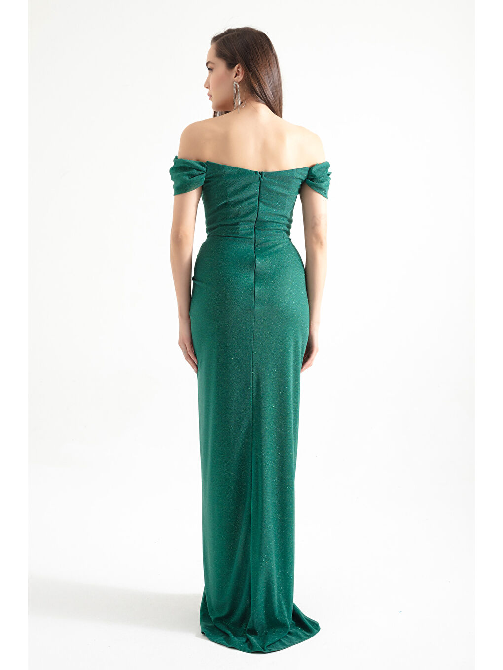 Kadın Zümrüt Yeşili Kruvaze Astarlı Korse Detaylı Uzun Simli Abiye-4