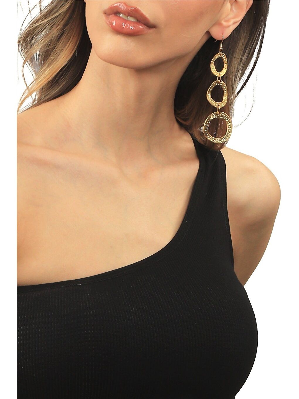 Sarı Kadın Mat Altın Kaplama Baskılı 3'lü Dairsel Formlu Sallantılı Model Küpe-1