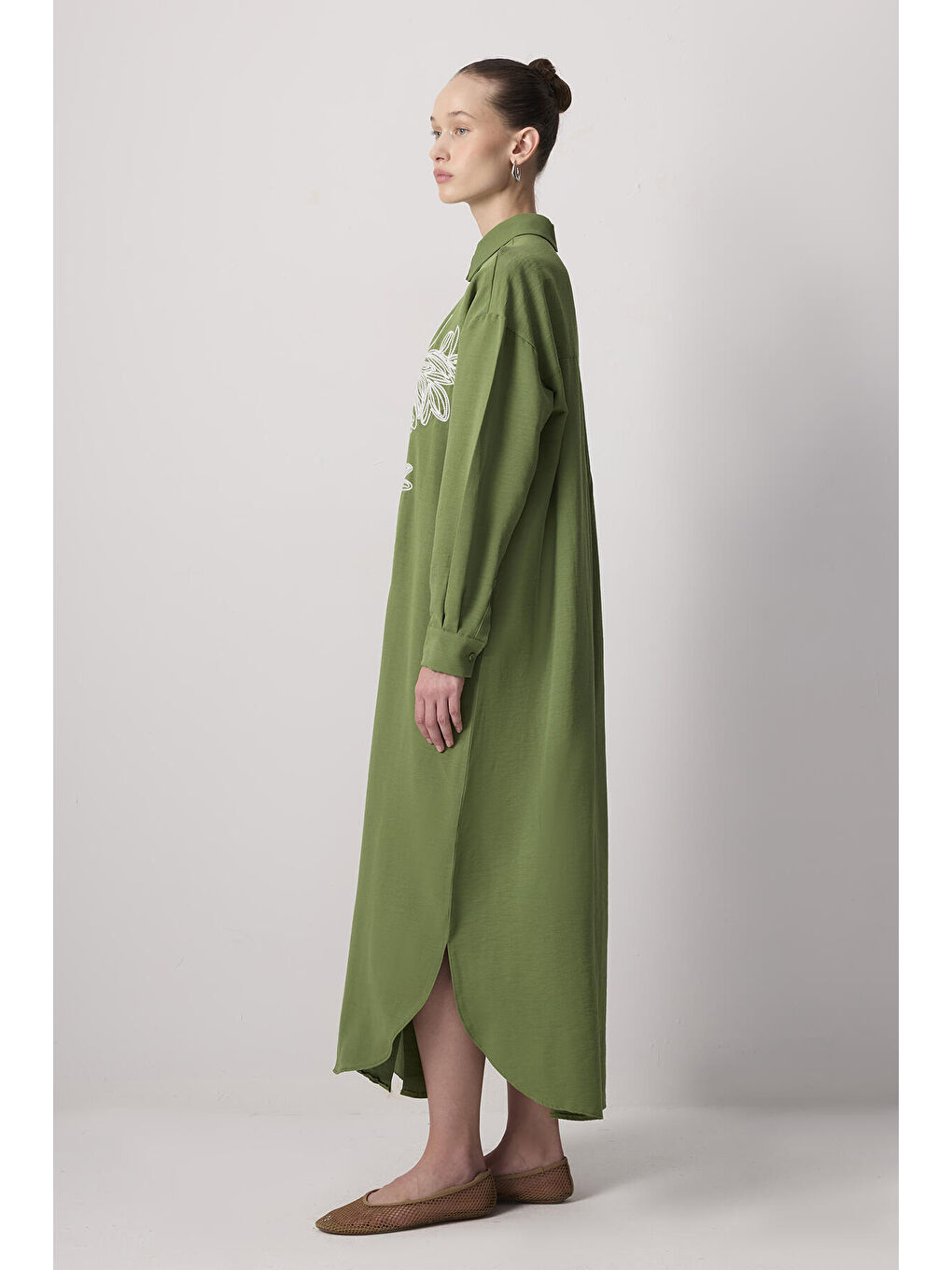 Haki Doğal Dokulu Nakışlı Gömlek Elbise-2