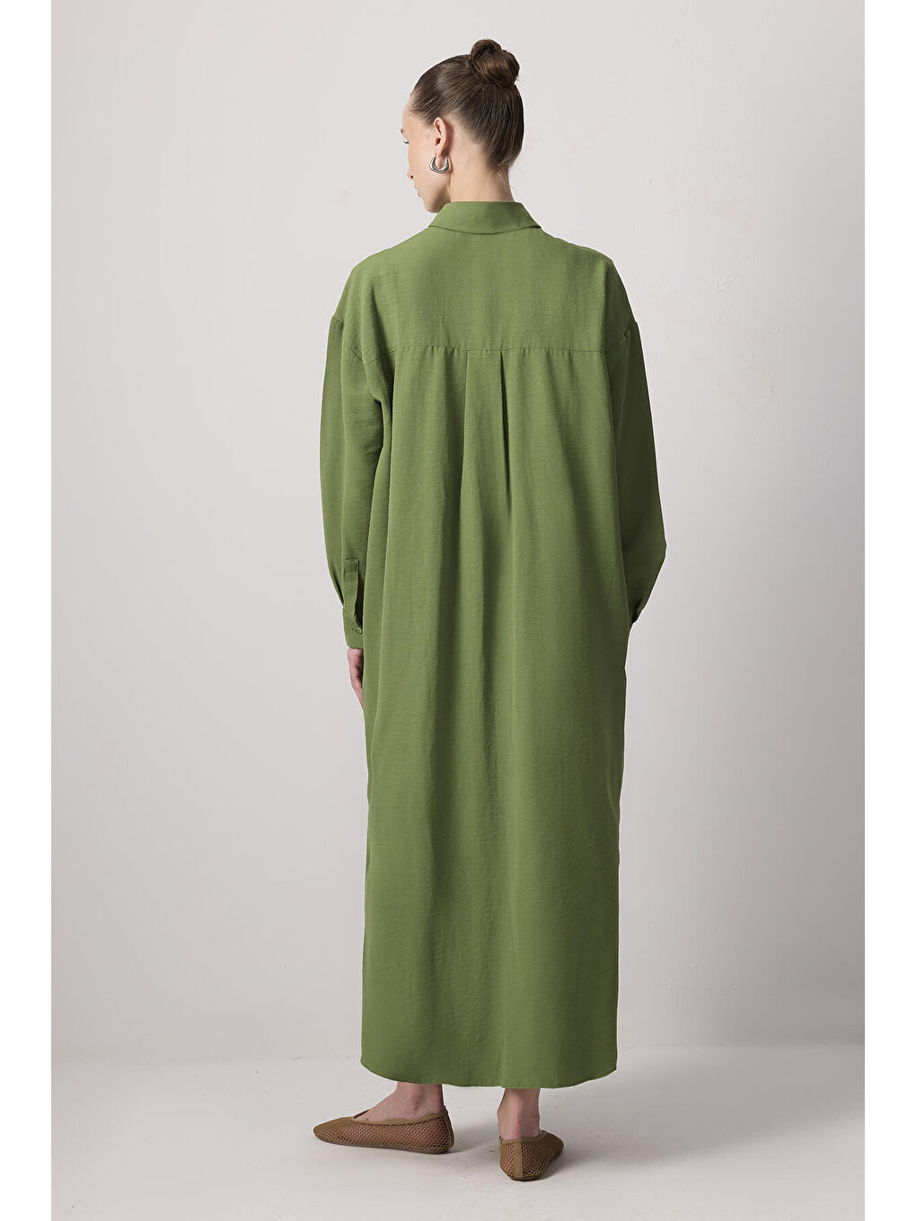 Haki Doğal Dokulu Nakışlı Gömlek Elbise-3