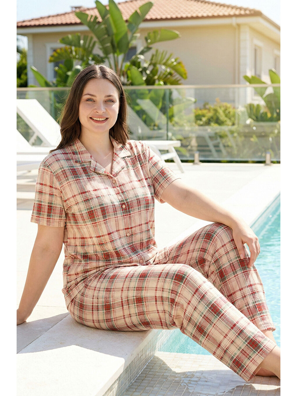 Büyük Beden Kadın Ekose  Desenli Kısa Kol Milan Kumaş Pijama Takımı 1722 Sarı-1