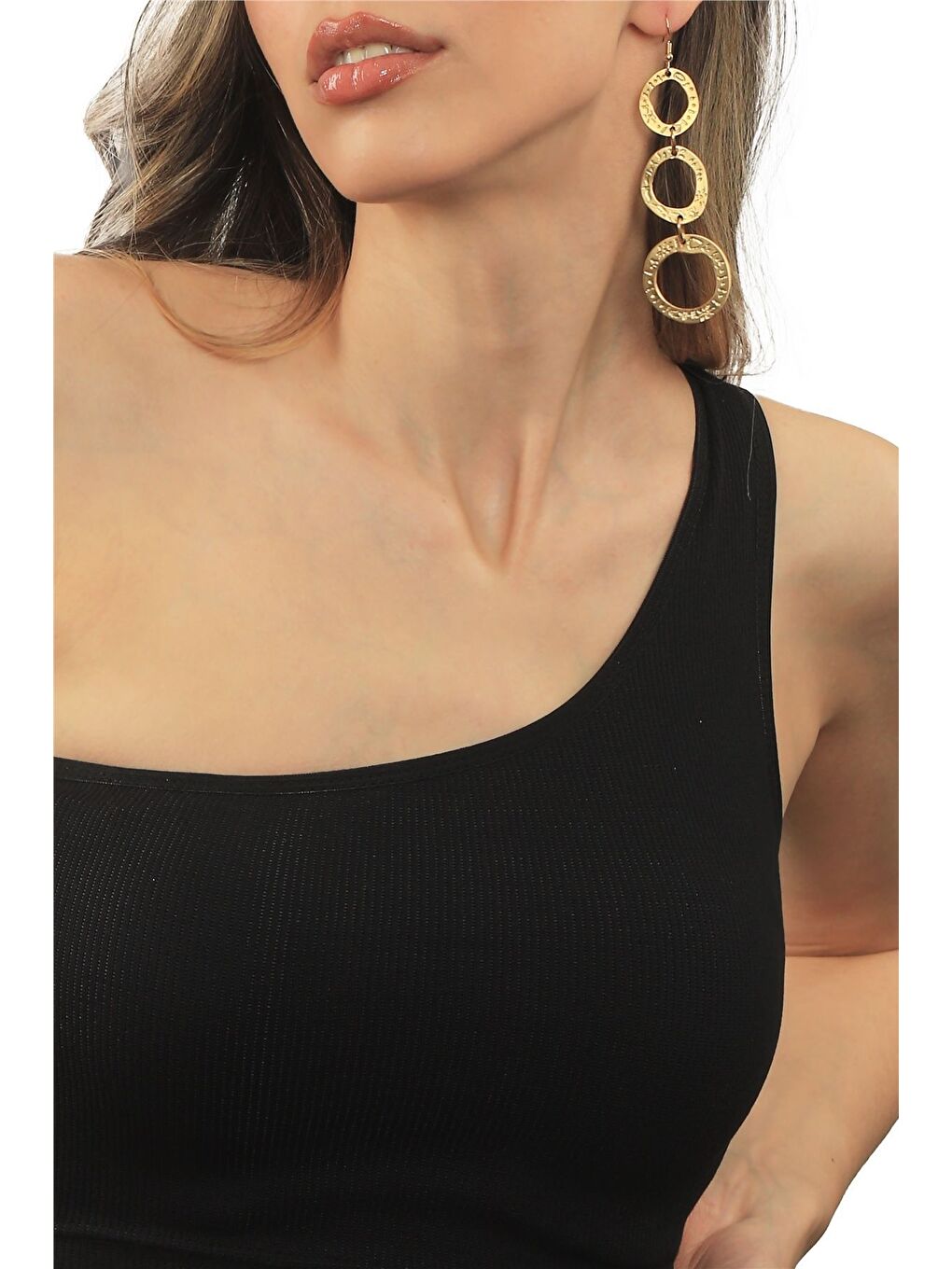 Sarı Kadın Mat Altın Kaplama Baskılı 3'lü Dairsel Formlu Sallantılı Model Küpe-2