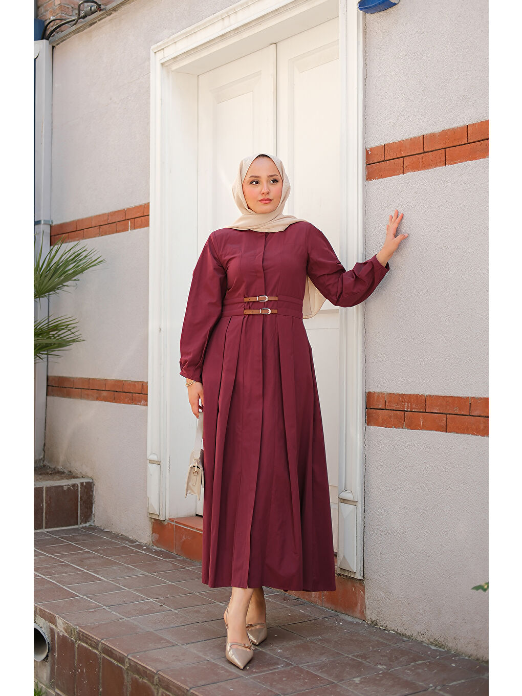 Kadın Çift Kemer Bağlamalı Elbise Bordo-2