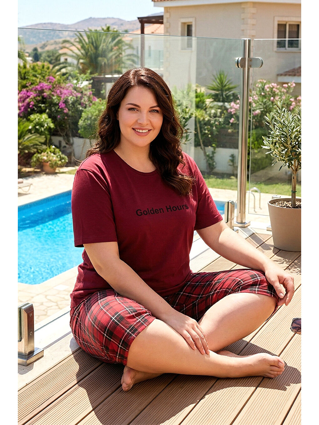 Büyük Beden Kadın Kısa Kol Milan Kumaş Pijama Takımı 50503-3147 Bordo