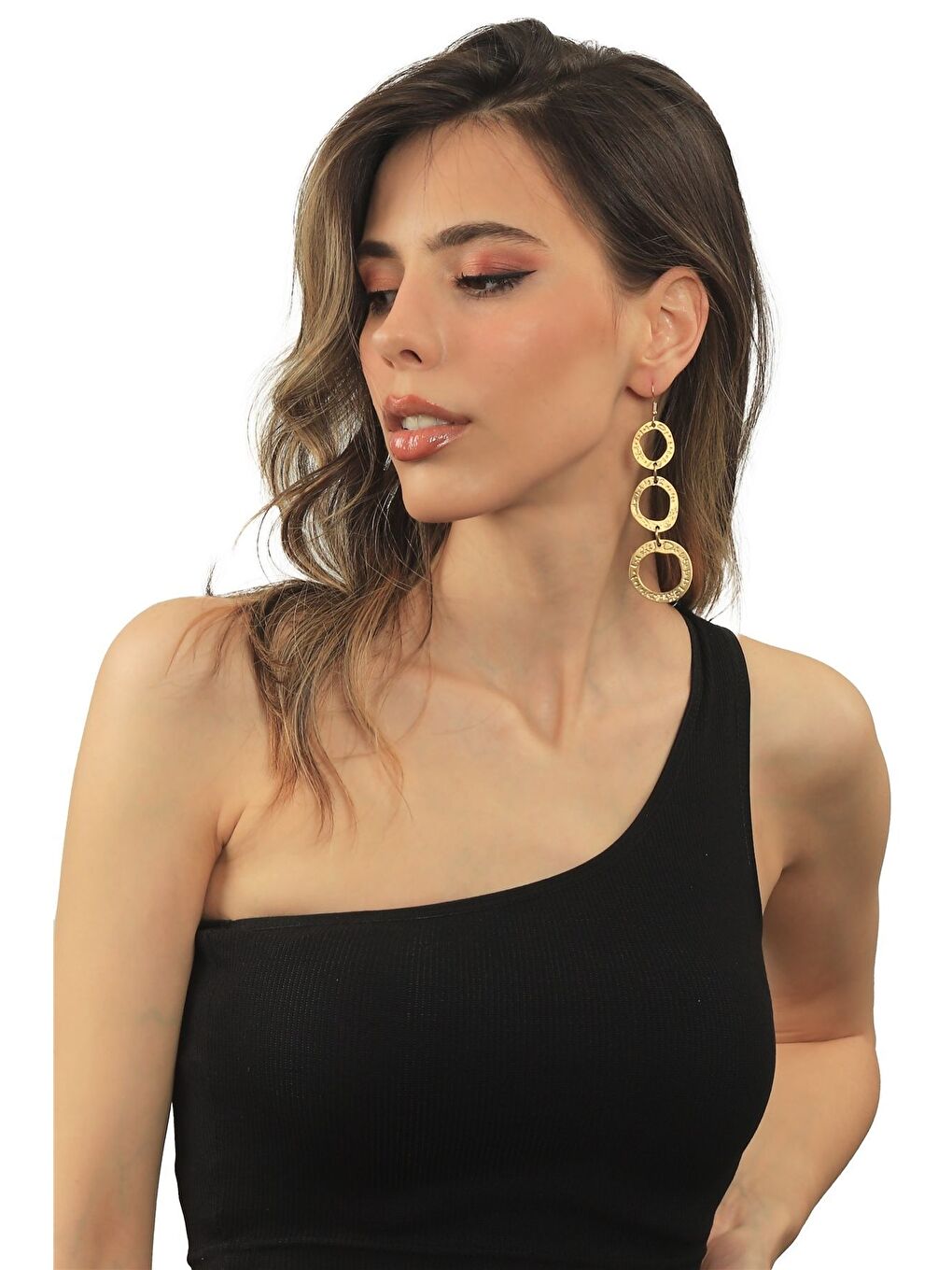 Sarı Kadın Mat Altın Kaplama Baskılı 3'lü Dairsel Formlu Sallantılı Model Küpe-4