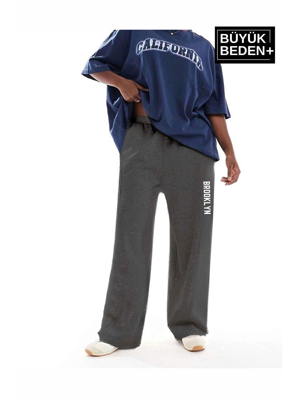 Gri Kadın Büyük Beden Brooklyn Baskılı İnce Eşofman Altı SPR25BEAK54