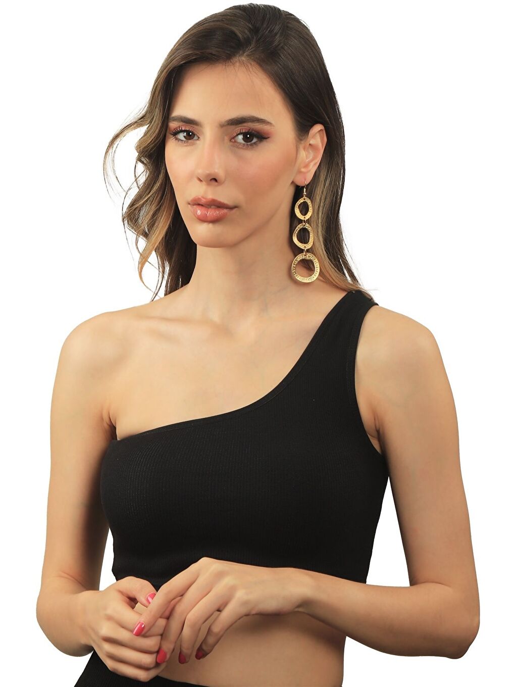 Sarı Kadın Mat Altın Kaplama Baskılı 3'lü Dairsel Formlu Sallantılı Model Küpe-3