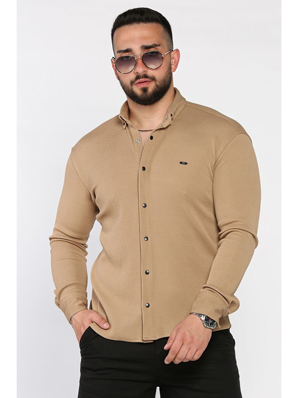 Bej Erkek Uzun Kol Elastanlı Gömlek-1
