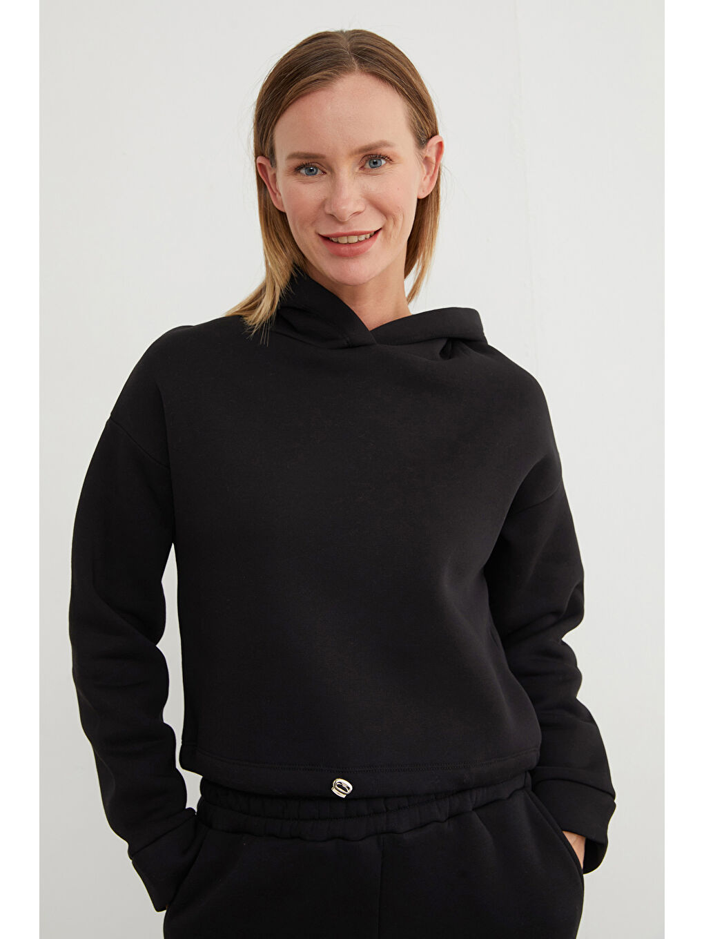 Siyah 3 İplik Basic Beli Stoperli Kapüşonlu Jogger Takım-3