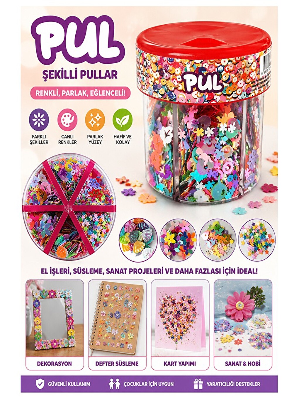 Karışık Şekilli Elişi Pulu Standlı 6 Model 90gr 1 Paket Parlak Pul Okul Sınıf Etkinlik Resi