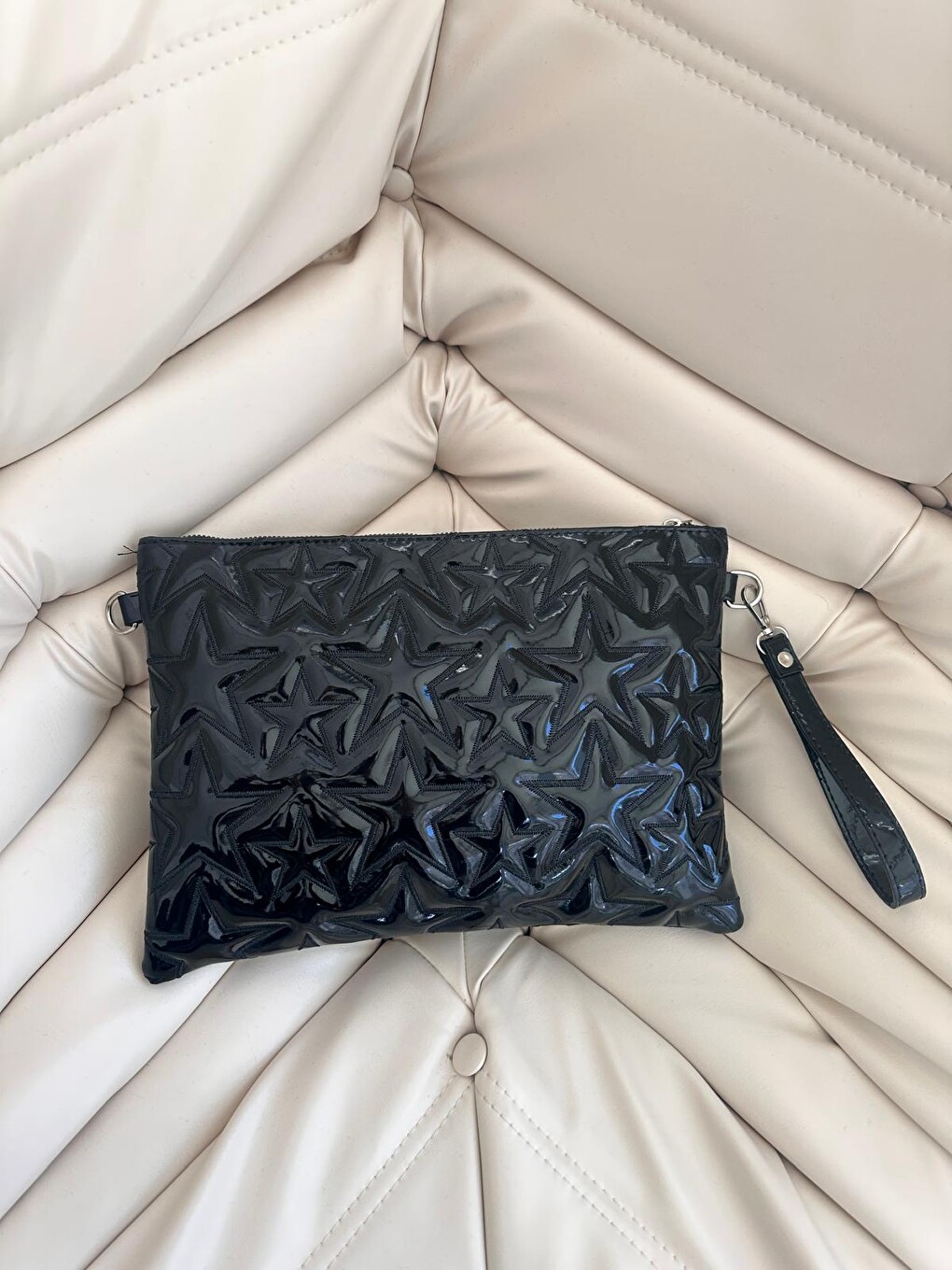 Tablet Boy Dikişli Clutch Suni Deri Kadın Yıldız Çapraz Çanta Tbstar Siyah Rugan-1