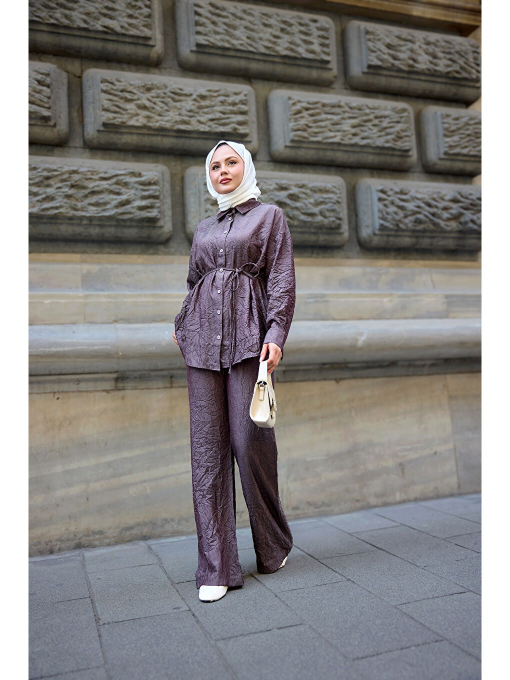 Kadın Kırışık Kumaş Takım Bordo