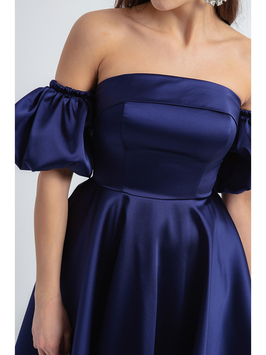 Kadın Lacivert Straplez Yaka Saten Mini Mezuniyet Abiye Elbise-1