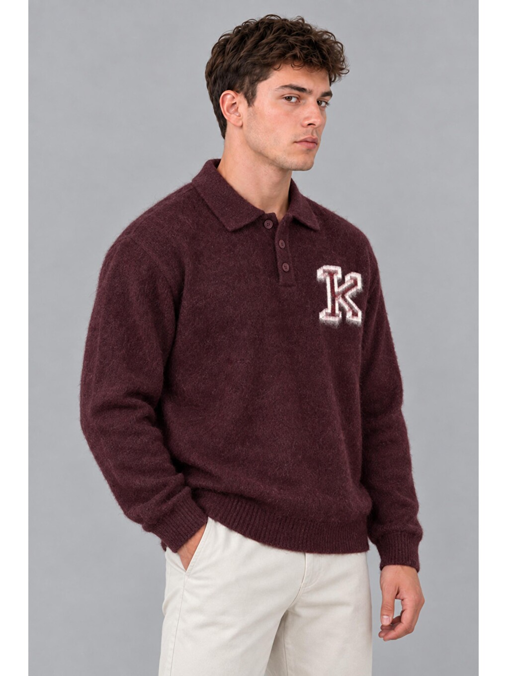 Bordo Baskılı Düğmeli Oversize Kışlık Kazak Dp 16622_10068-1