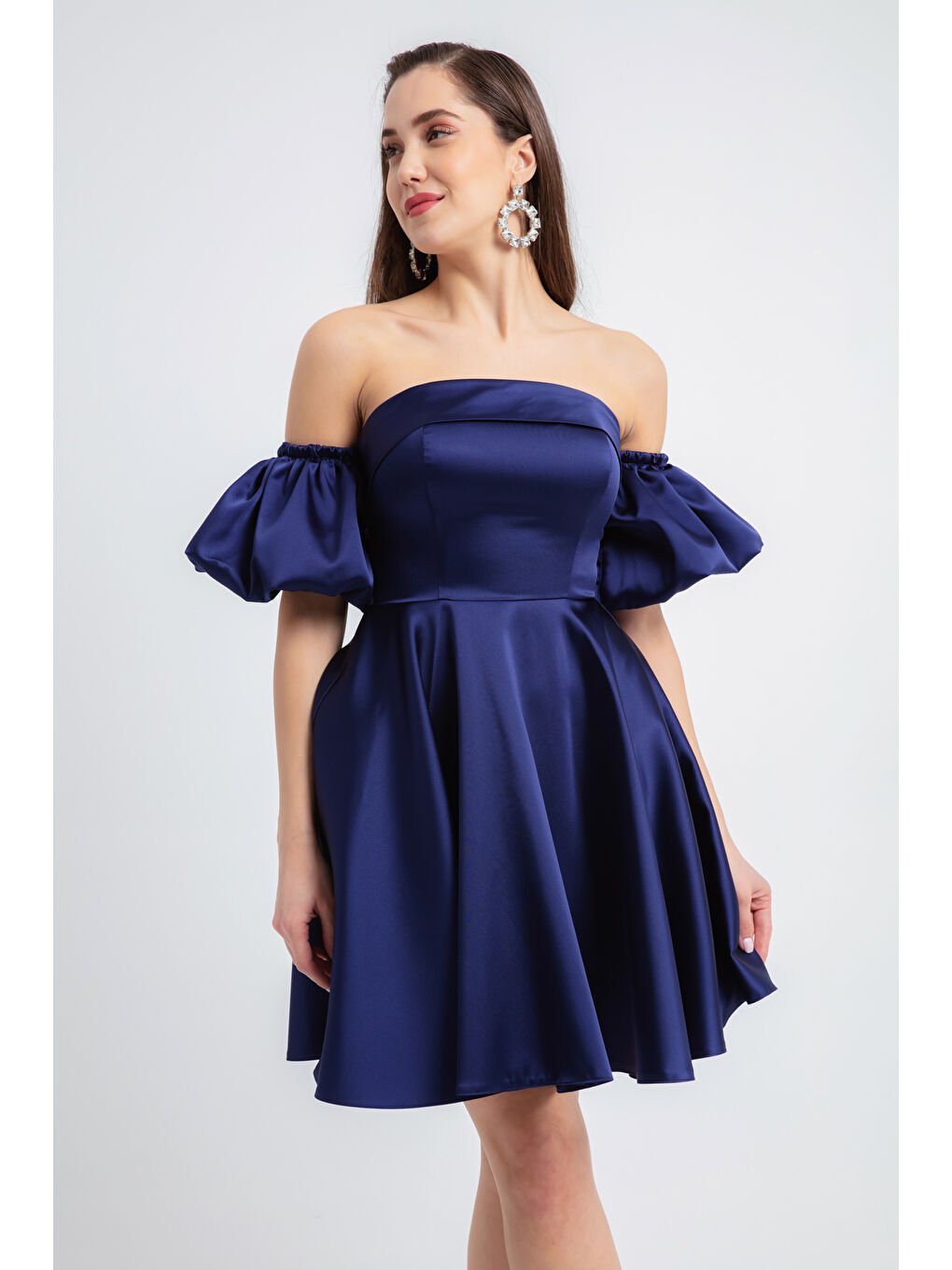Kadın Lacivert Straplez Yaka Saten Mini Mezuniyet Abiye Elbise-2