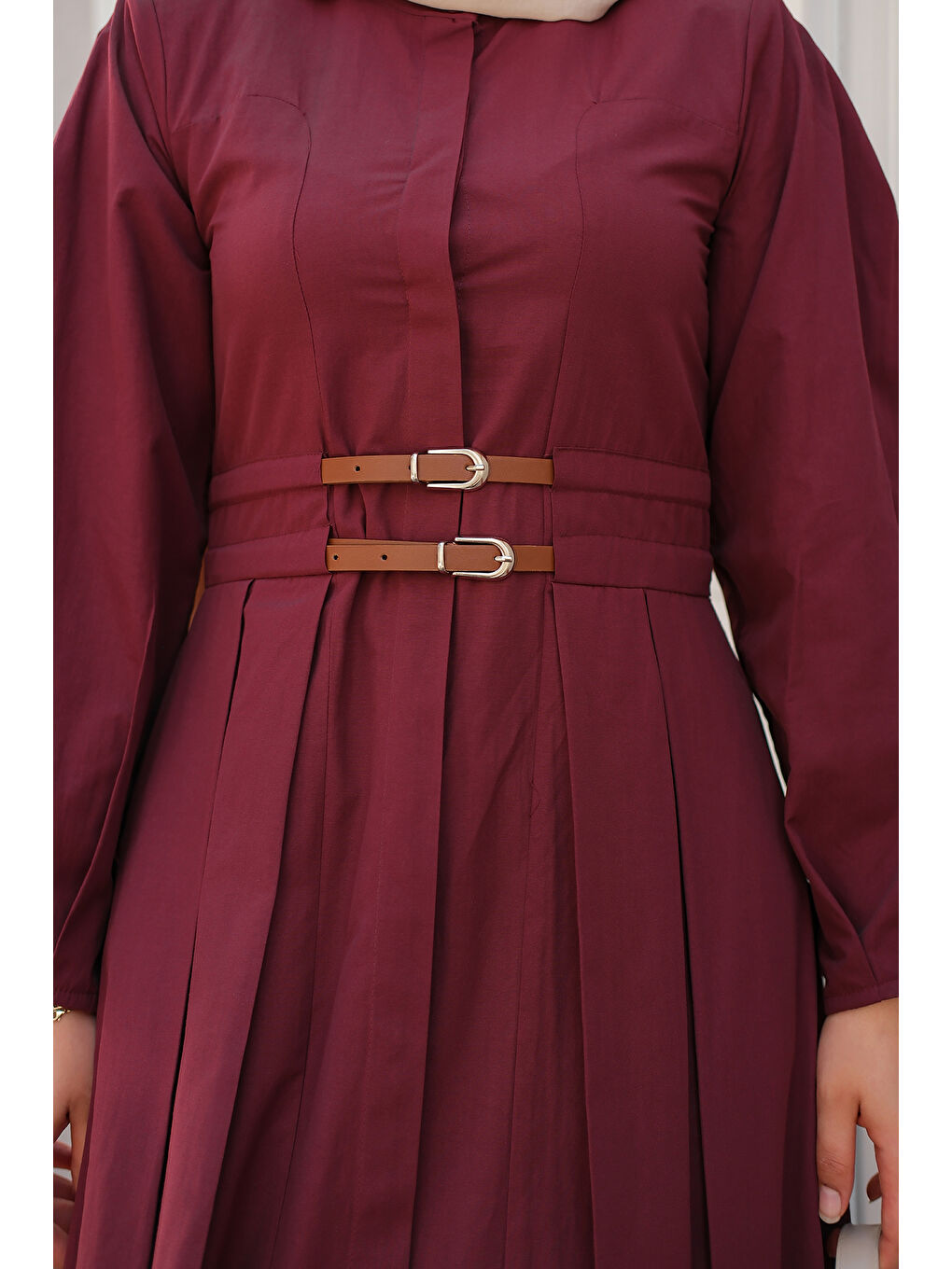 Kadın Çift Kemer Bağlamalı Elbise Bordo-3