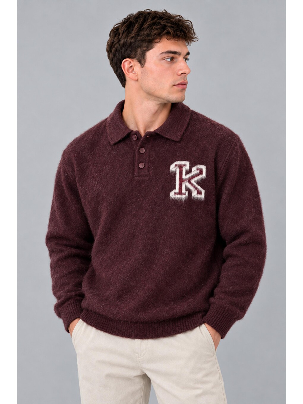 Bordo Baskılı Düğmeli Oversize Kışlık Kazak Dp 16622_10068-2