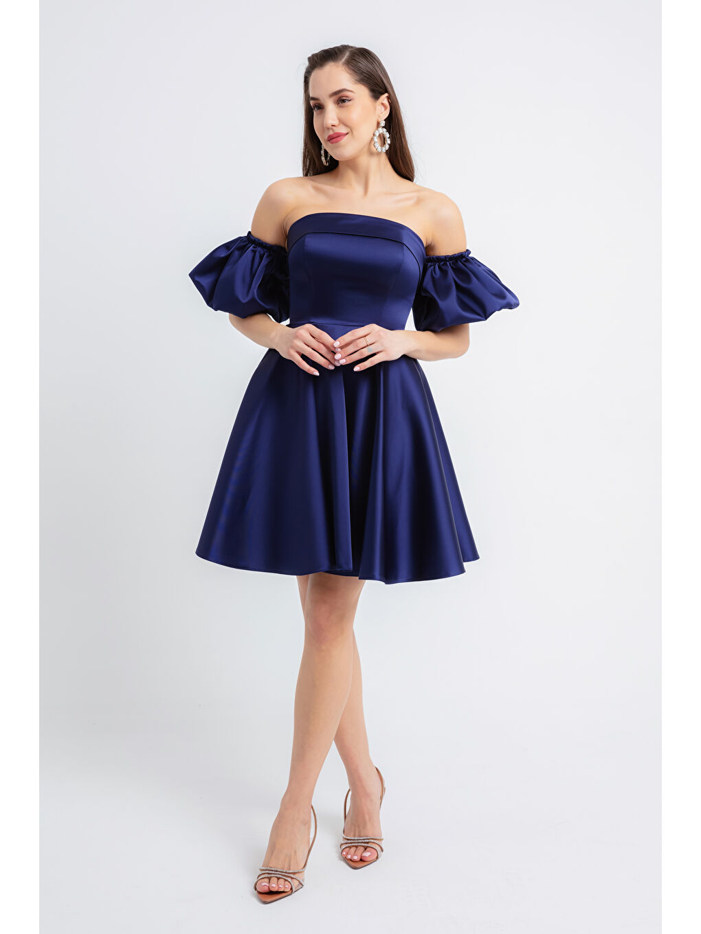 Kadın Lacivert Straplez Yaka Saten Mini Mezuniyet Abiye Elbise-3