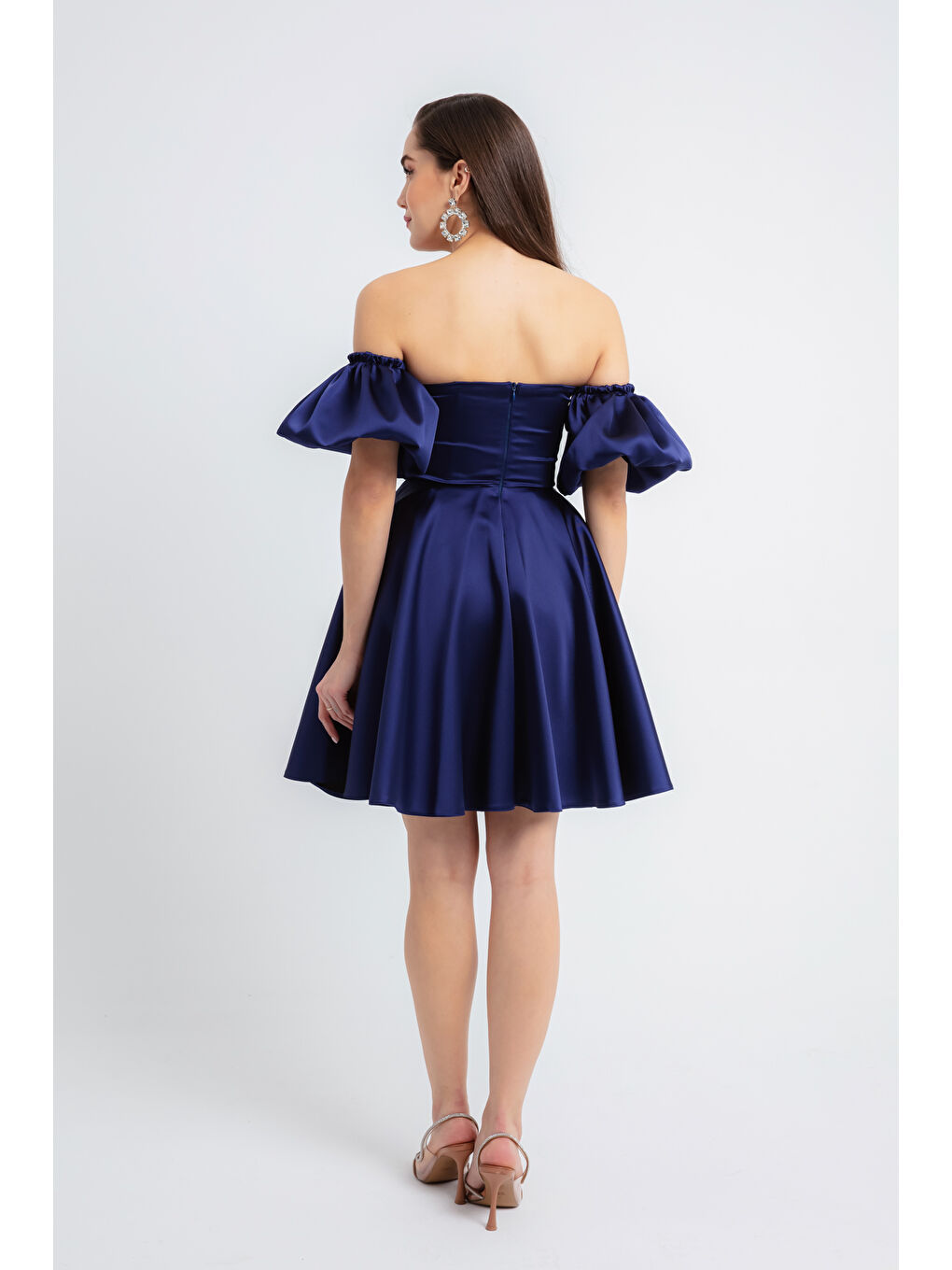 Kadın Lacivert Straplez Yaka Saten Mini Mezuniyet Abiye Elbise-4