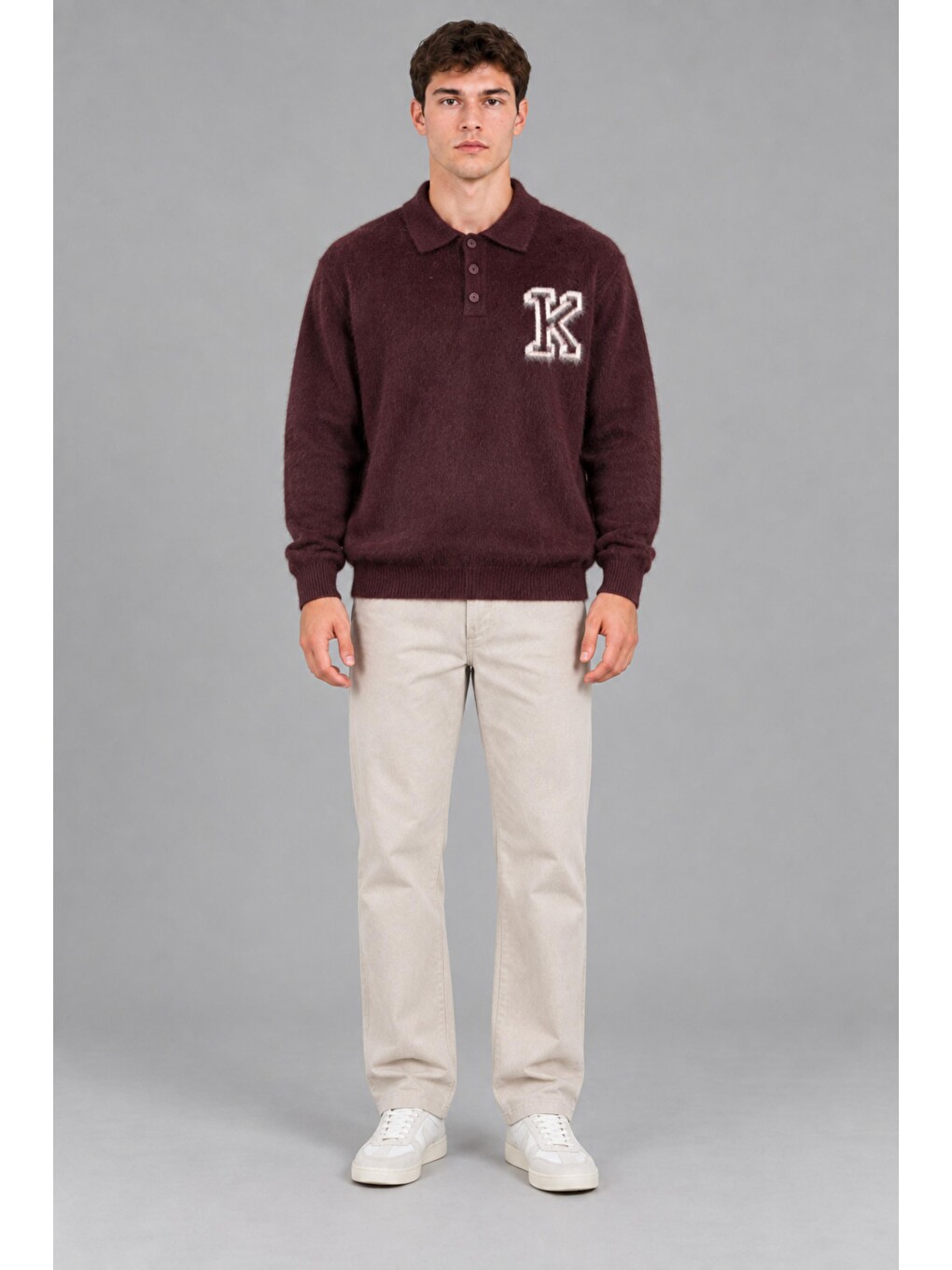 Bordo Baskılı Düğmeli Oversize Kışlık Kazak Dp 16622_10068-3