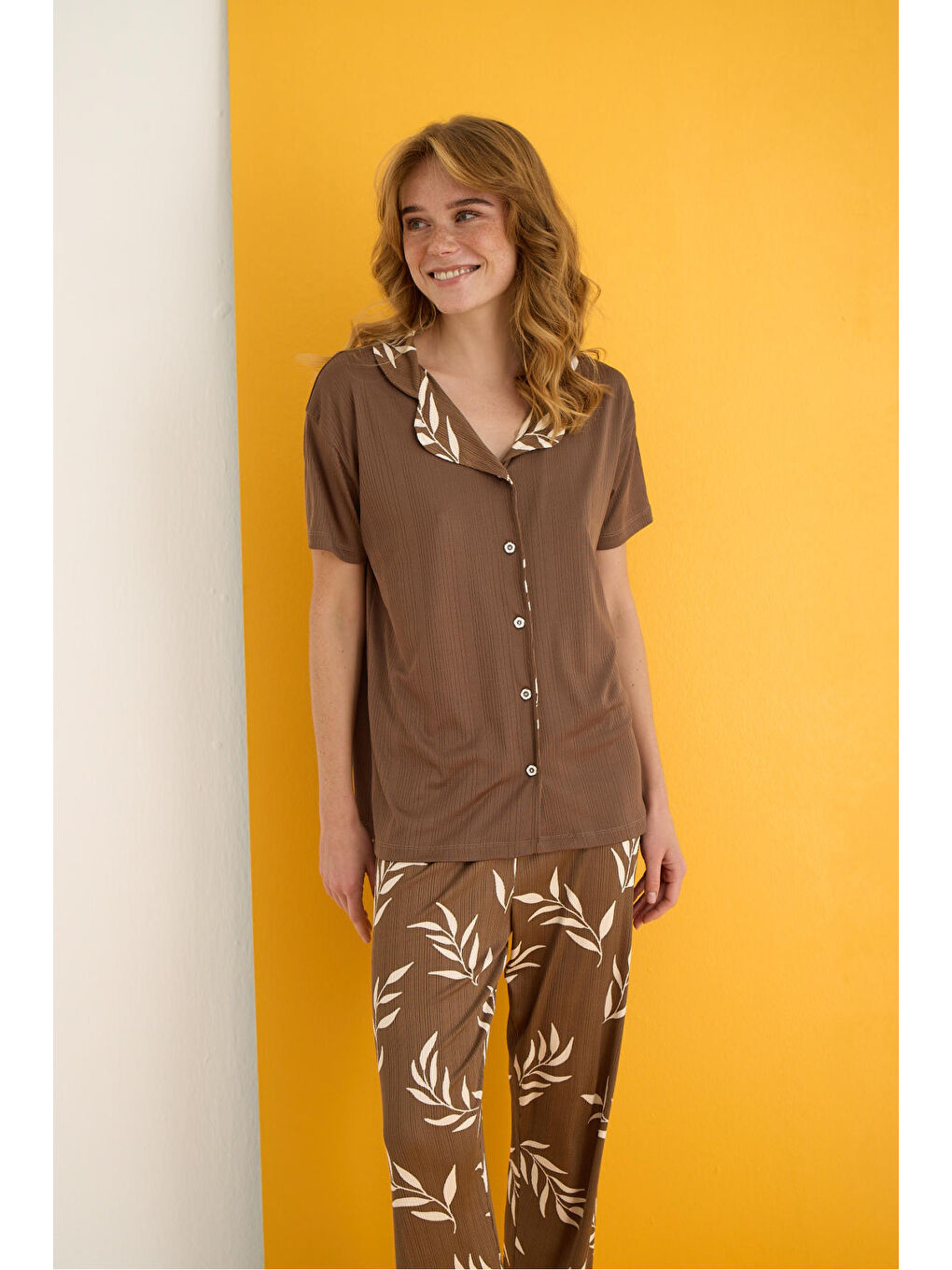 Kahverengi Pegasus Düğmeli Pijama Takımı 7012-1-1