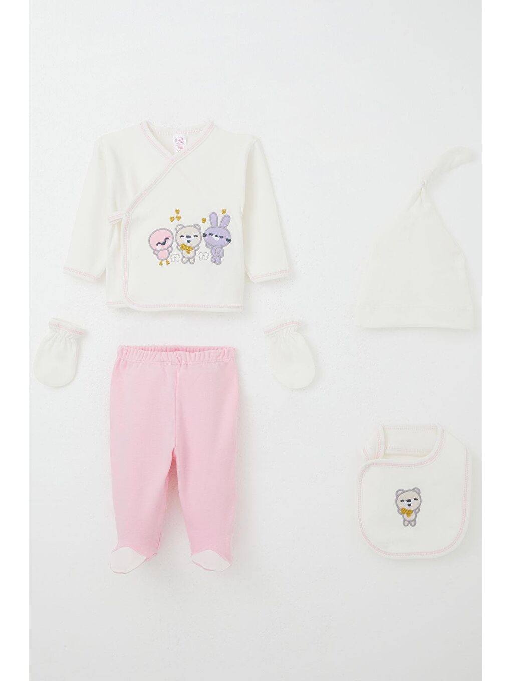 Kız Bebek Hastane Çıkışı 5 Li Sevimli Hayvancıklar Nakışlı Ekru (0-3 Ay)