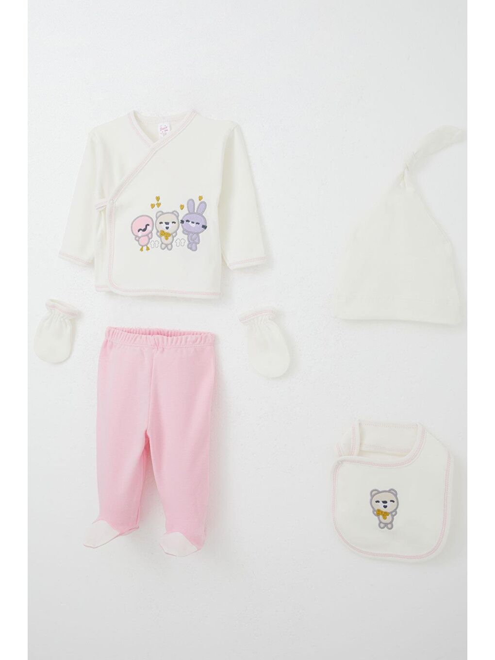 Kız Bebek Hastane Çıkışı 5 Li Sevimli Hayvancıklar Nakışlı Ekru (0-3 Ay)-1