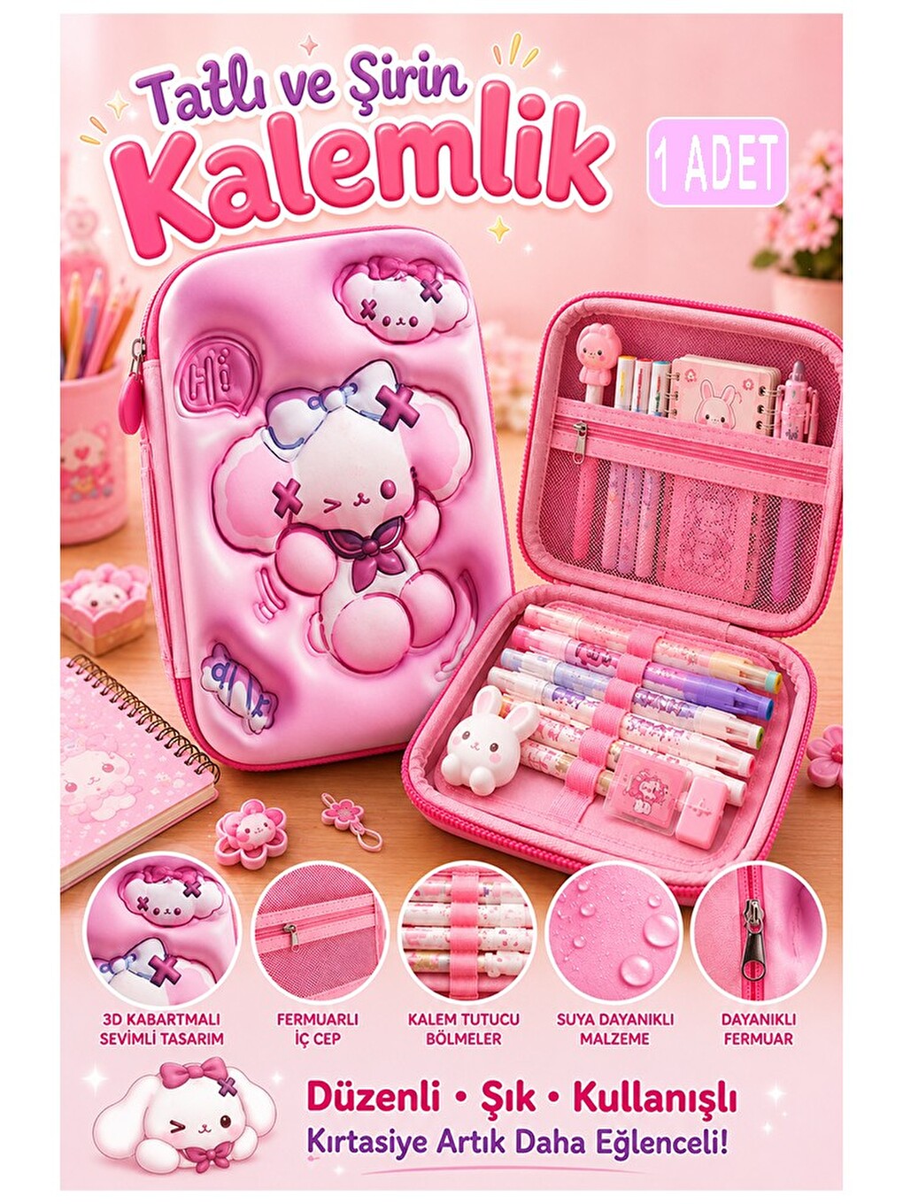 Pembe Kabartmalı Bölmeli Kalemlik 1 Adet P-5984 Kız Çocuk Okul Kalem Kutusu 3 Boyutlu Fermuarlı Hedi